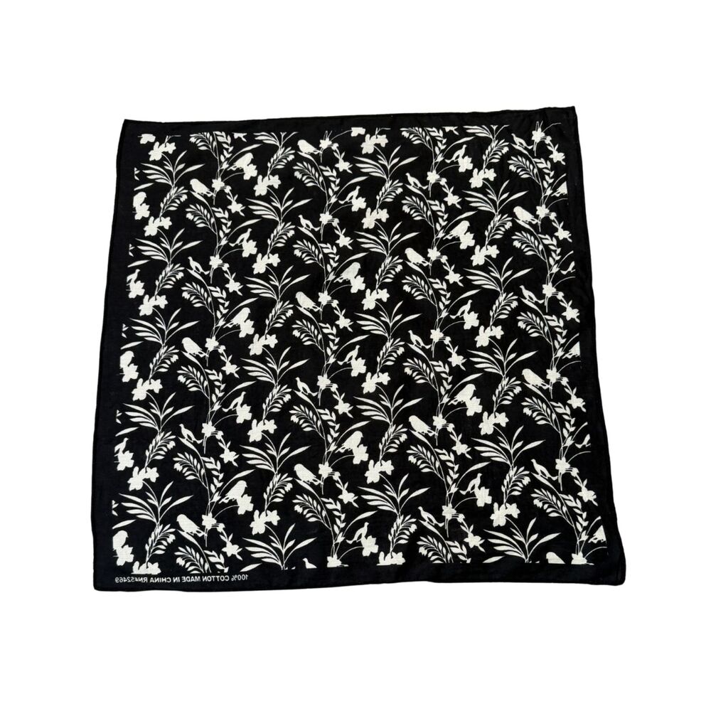 Black and White Floral Bird 100% Cotton Small Rectangular Scarf Kerchief